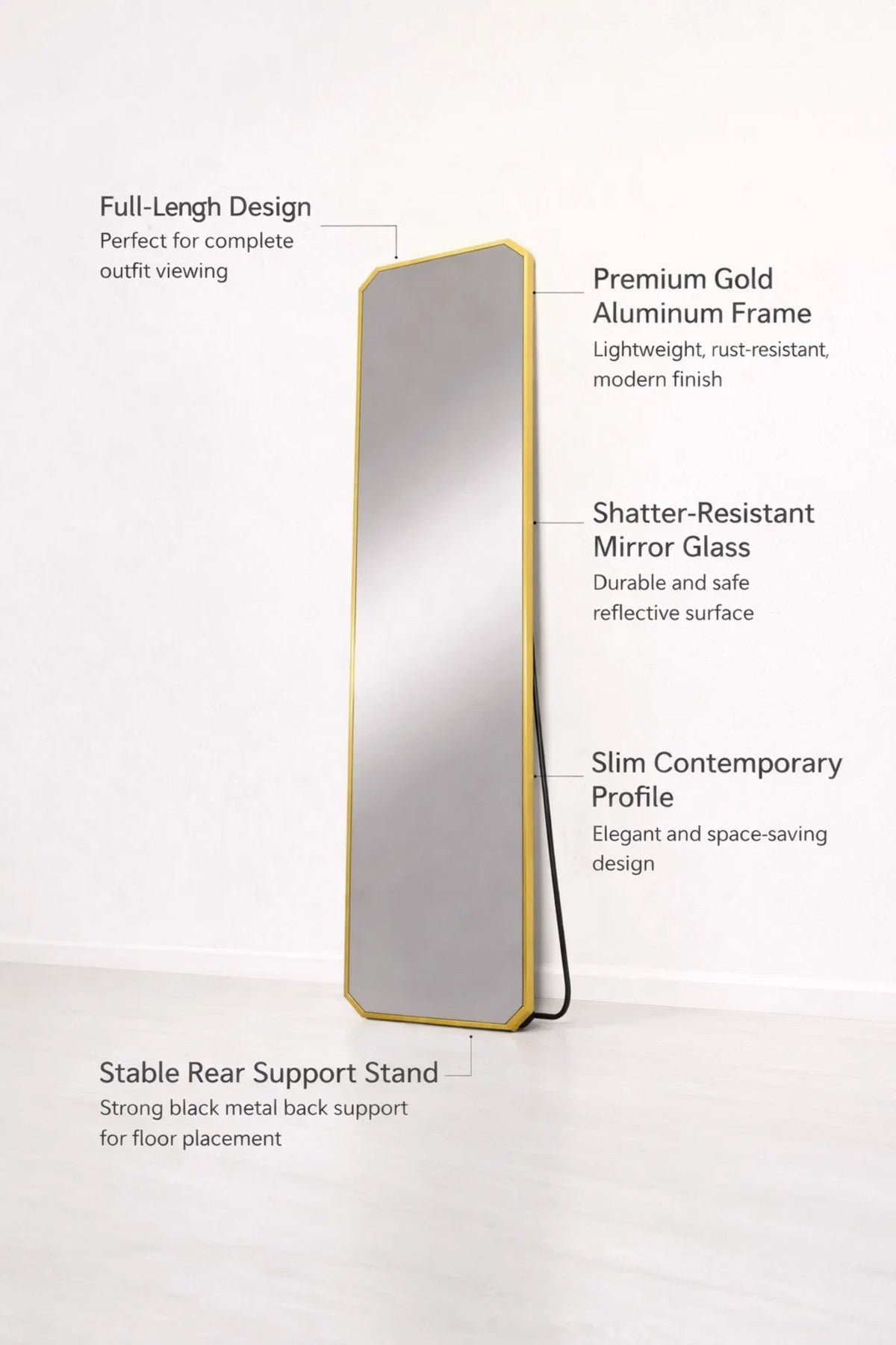 Modern Gold Floor Mirror 170x50cm Aluminum Frame Shatterproof Full Body Bedroom Dressing Decor