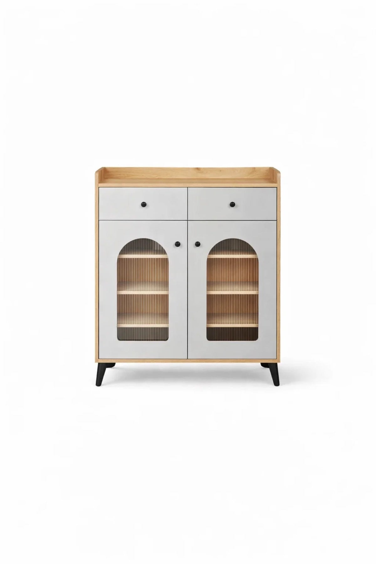 Premium 80cm Shoe Cabinet Sideboard with Drawers and Arched Glass Doors for Hallway Living Room