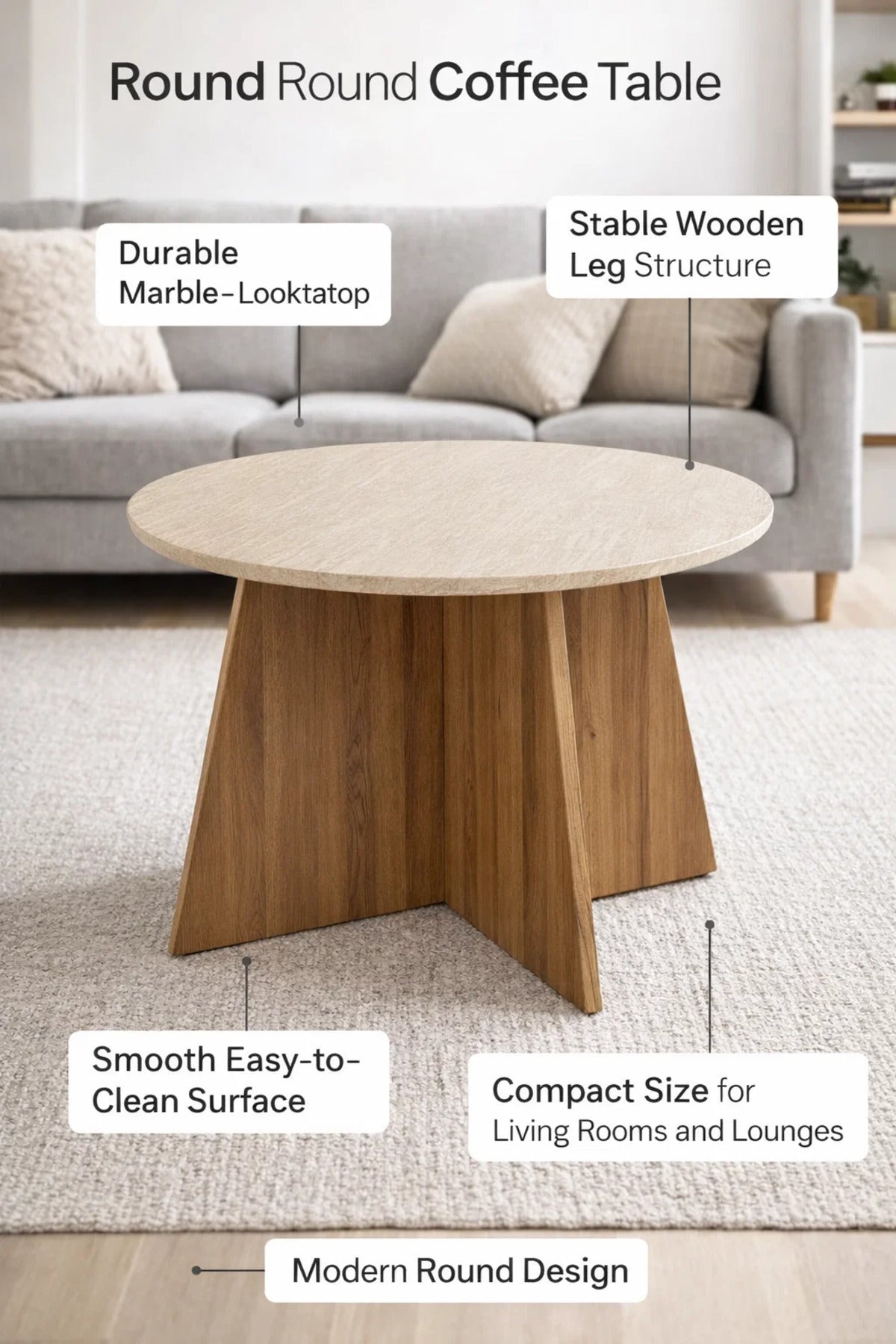 Round Coffee Table Marble Top with Brown Wooden Legs 90 x 45 cm