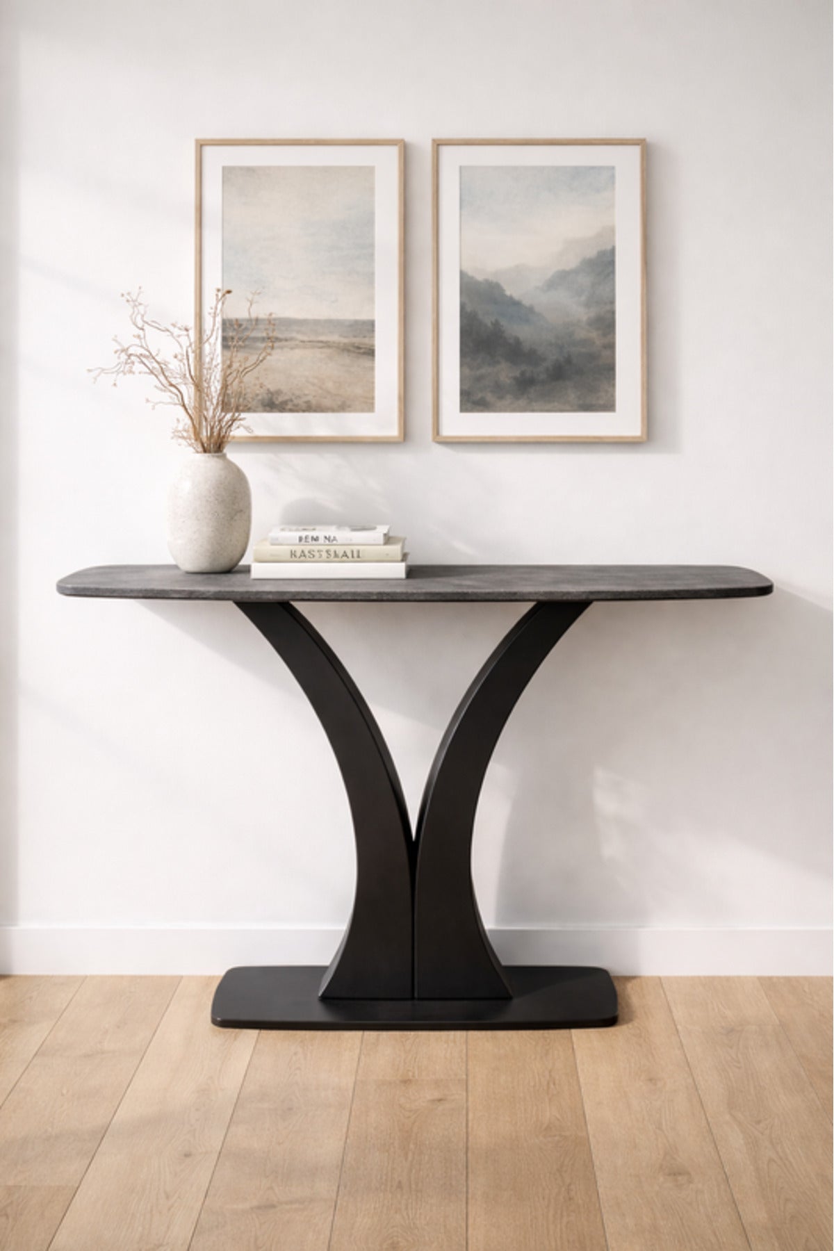 Dark Grey Console Table with Black Metal Base Modern Entryway dark grey console