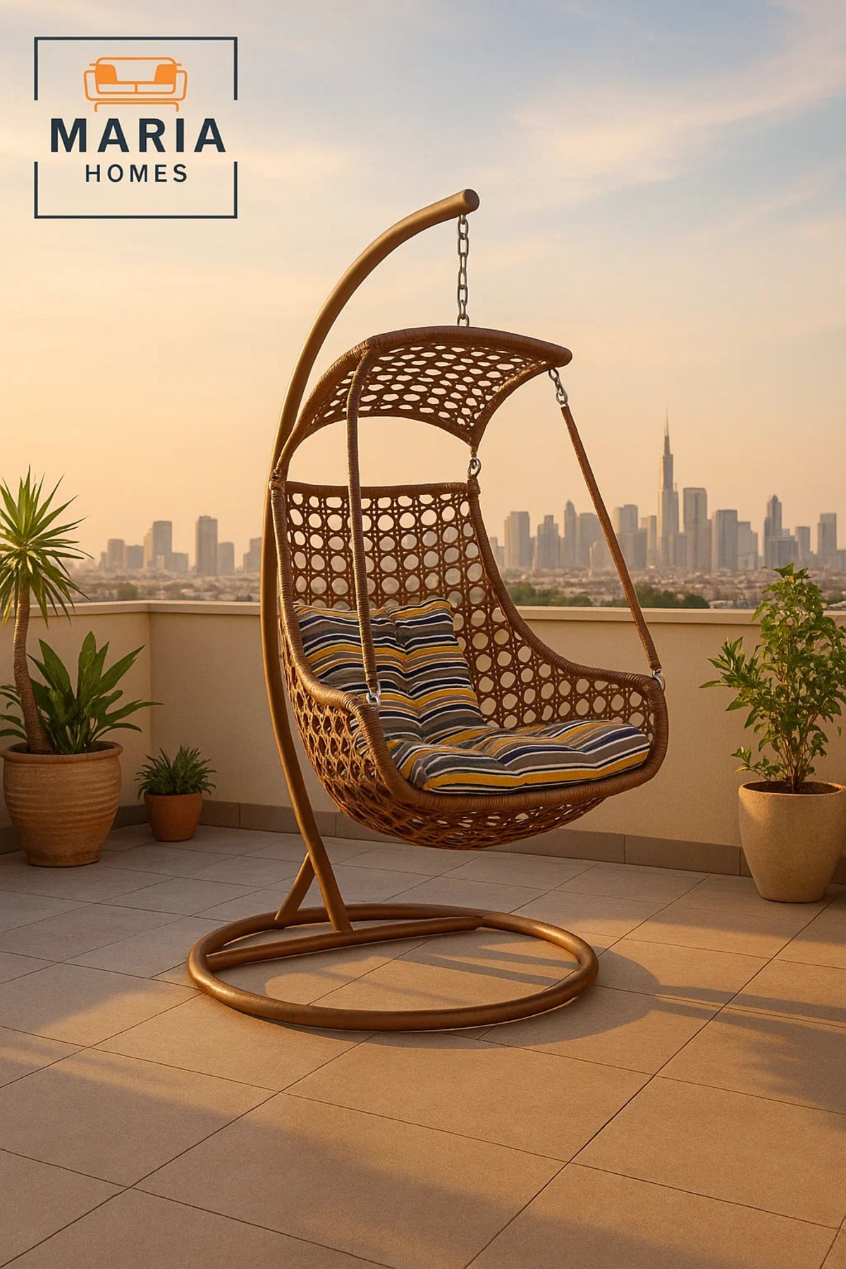 Rattan Hanging Swing Chair with Stand and Canopy for Indoor Outdoor Garden Patio Balcony