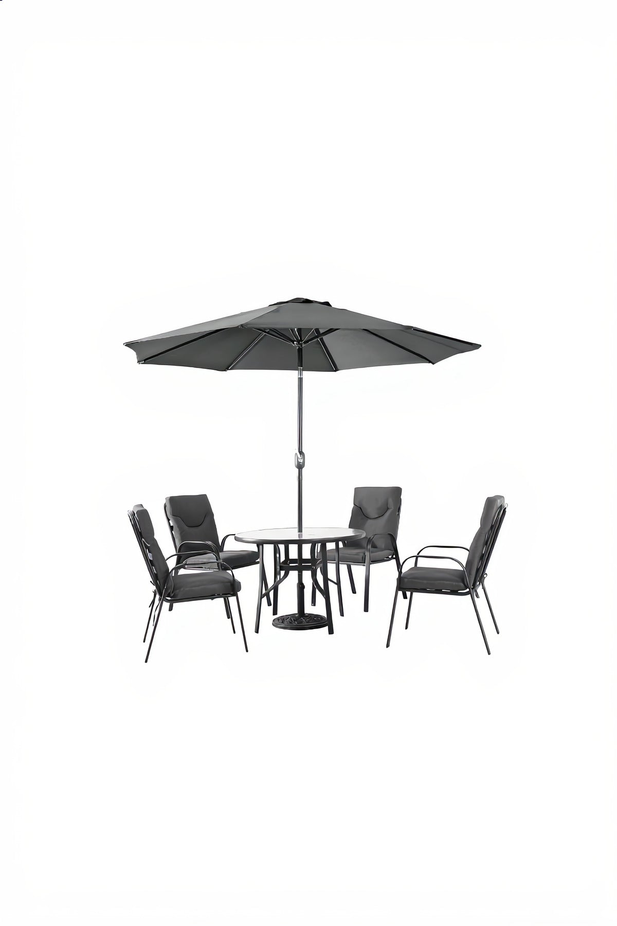 Modern 4 Seater Garden Dining Set with Parasol and Round Table Dark Grey Outdoor Patio Furniture
