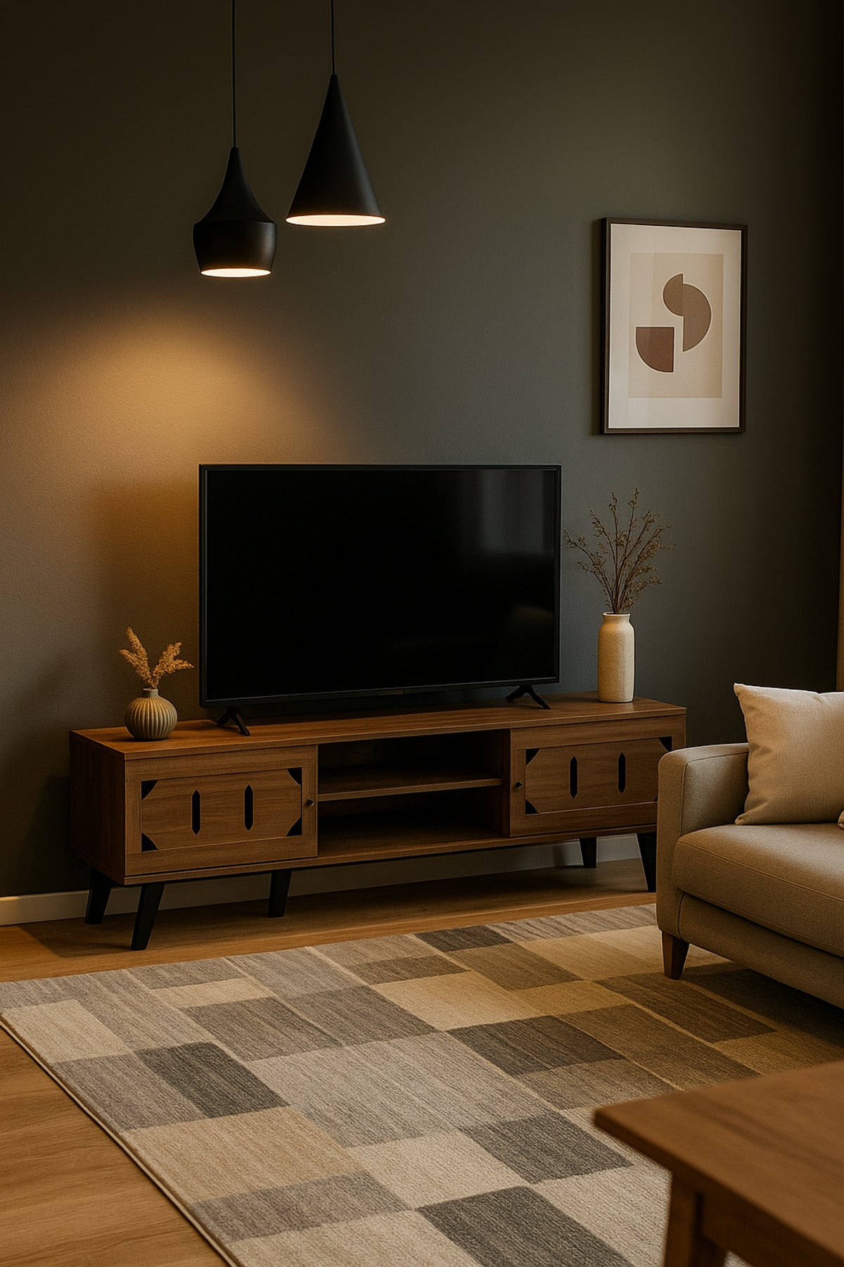 Dark Brown Wooden TV Stand 180_40_44 cm Ð Modern TV Unit with Cutout Design Doors and Open Shelves