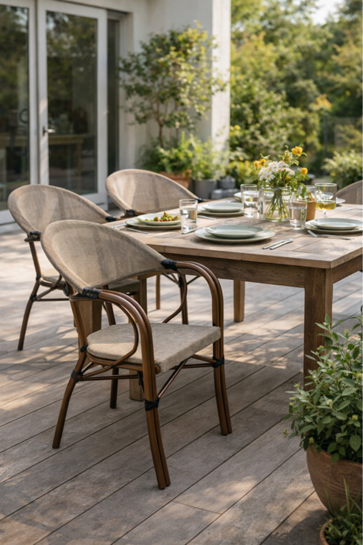 Beige and Coffee Outdoor Dining Chair with Mesh Back Armrests beige coffee Garden