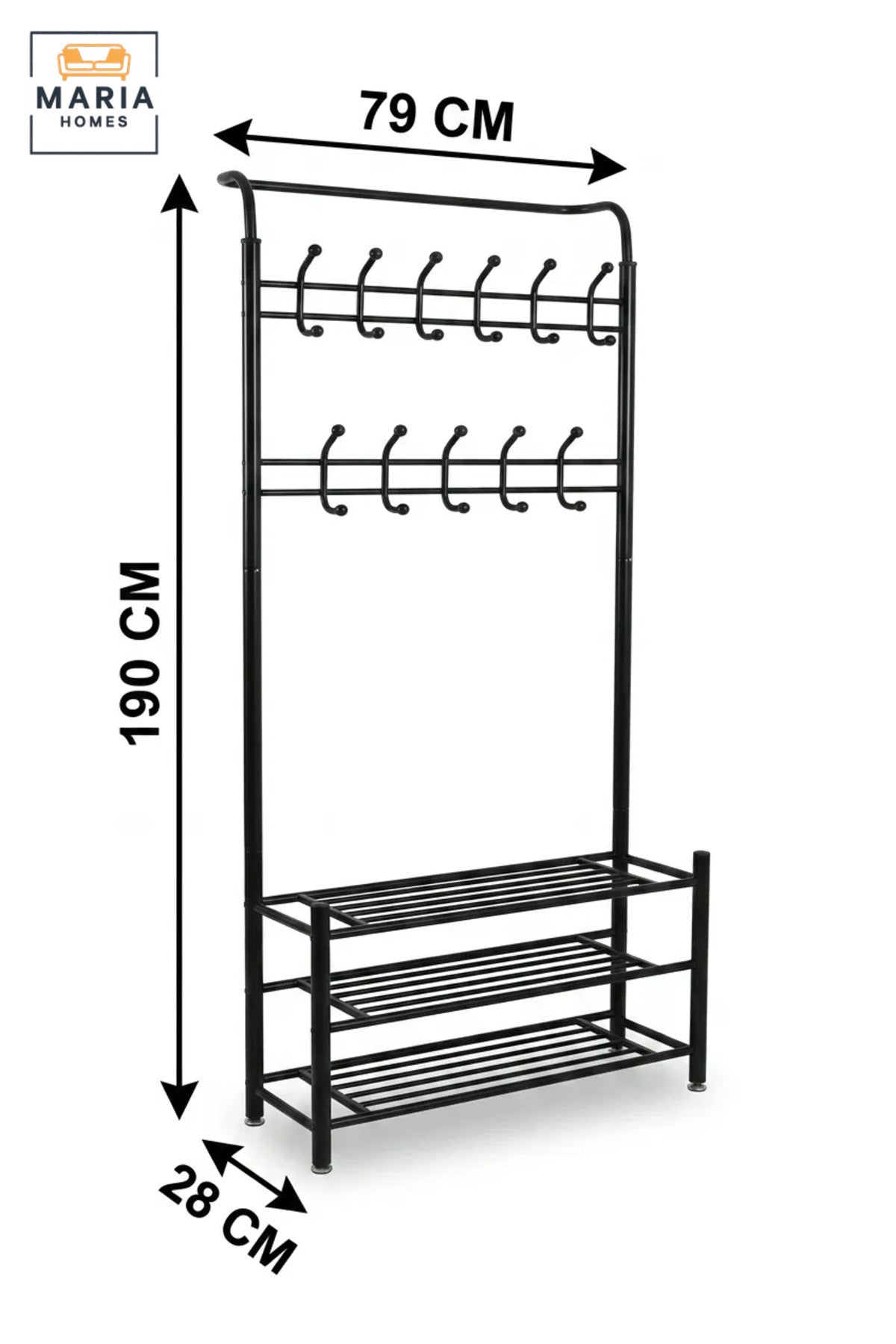 Freestanding Clothes Rack with Multiple Hanging Hooks and Three Storage Shelves, Garment Organiser for Bedroom, Dressing Room, Laundry Room and Boutique