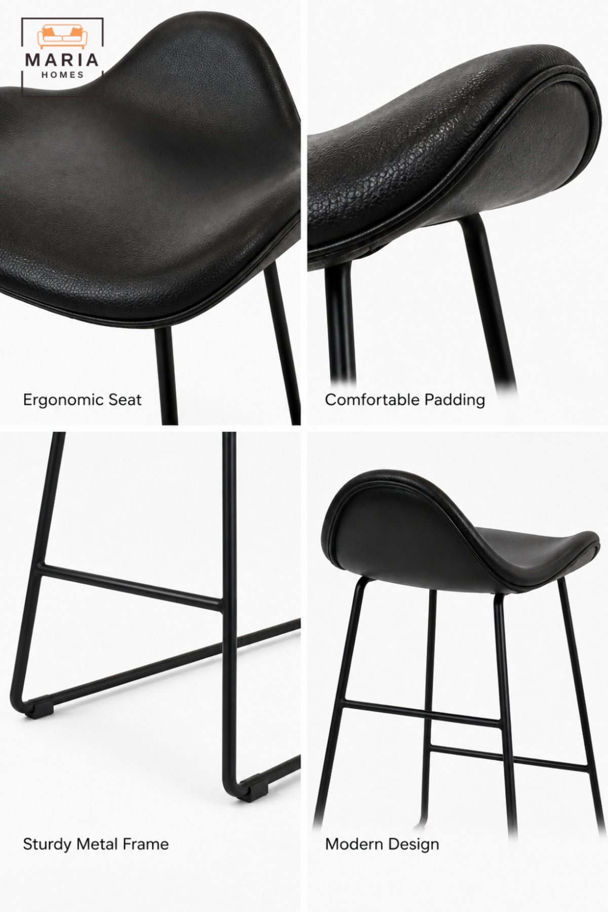 Black Bar Chair | Modern High Bar Chair with Curved Padded Seat, Low Back Support & Slim Frame for Kitchen Counter, Café and Home Bar 60x47x45cm
