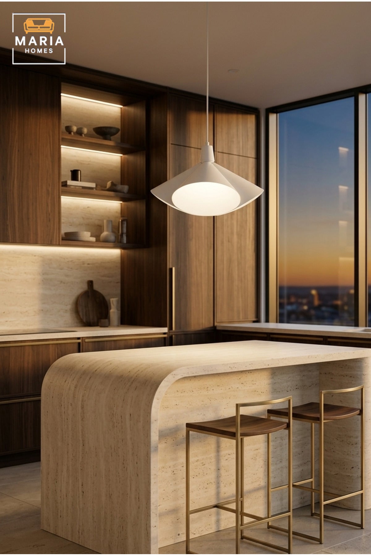 Modern White Pendant Light with Sculptural Metal Shade and Diffuser, Hanging Ceiling Lamp for Dining Room, Kitchen Island, Living Room, Café and Restaurant