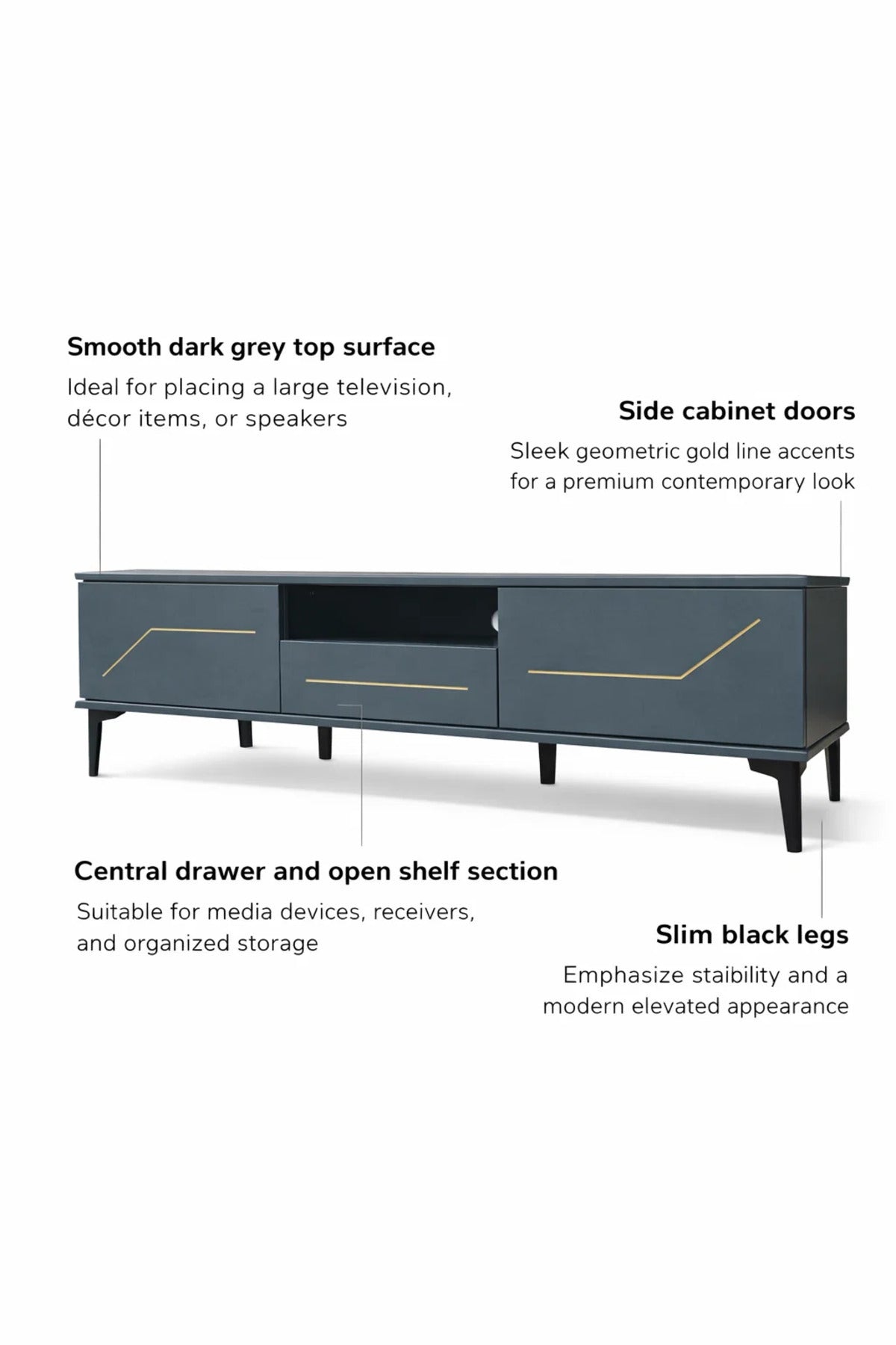 Dark Grey TV Stand √ê 180x40x45 cm Modern Plasma Table with Cabinets & Shelf
