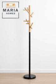 Wooden Tree-Style Coat Rack with Black Metal Base