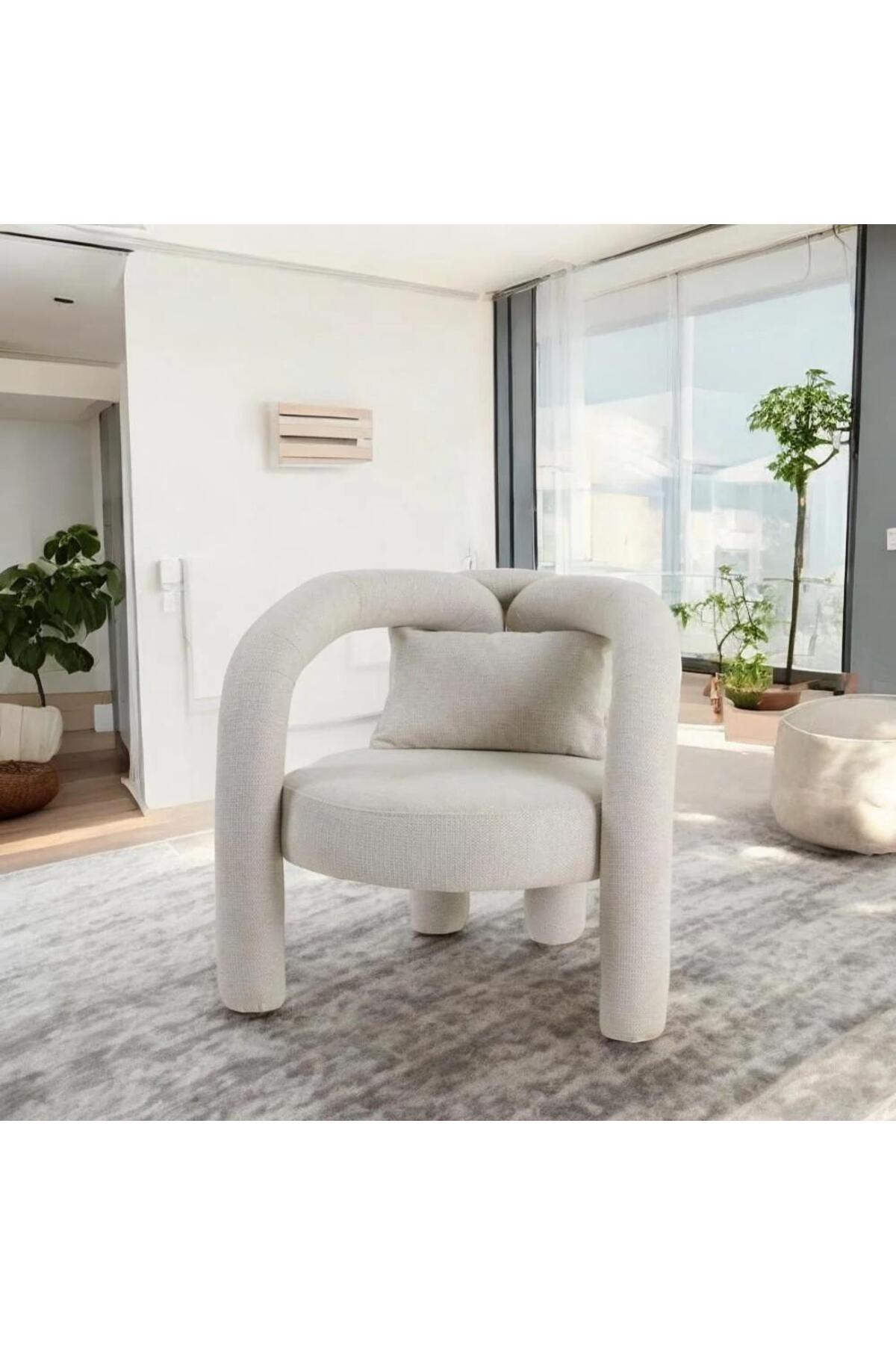 Modern Beige Artistic Accent Chair Ð Round Armchair with Tubular Frame and Minimalist Luxury Style
