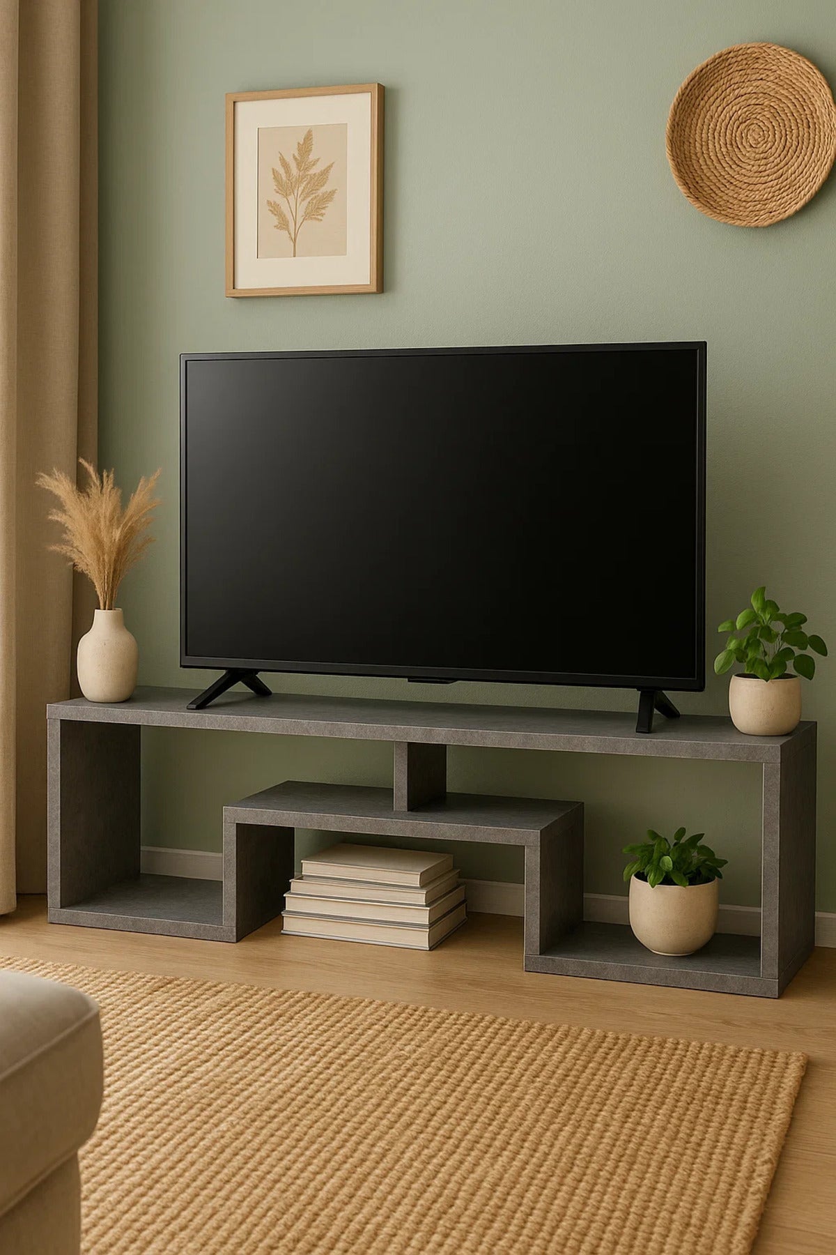 Modern Style Gray TV Stand Ð 160x30x50 cm Minimalist Open Shelf Media Console