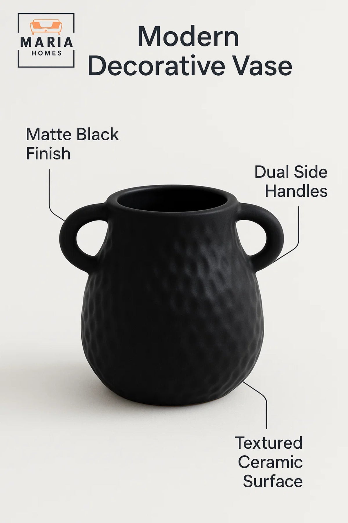Modern Black Decorative Vase Ð Textured Ceramic Vase with Handles for Home Decor
