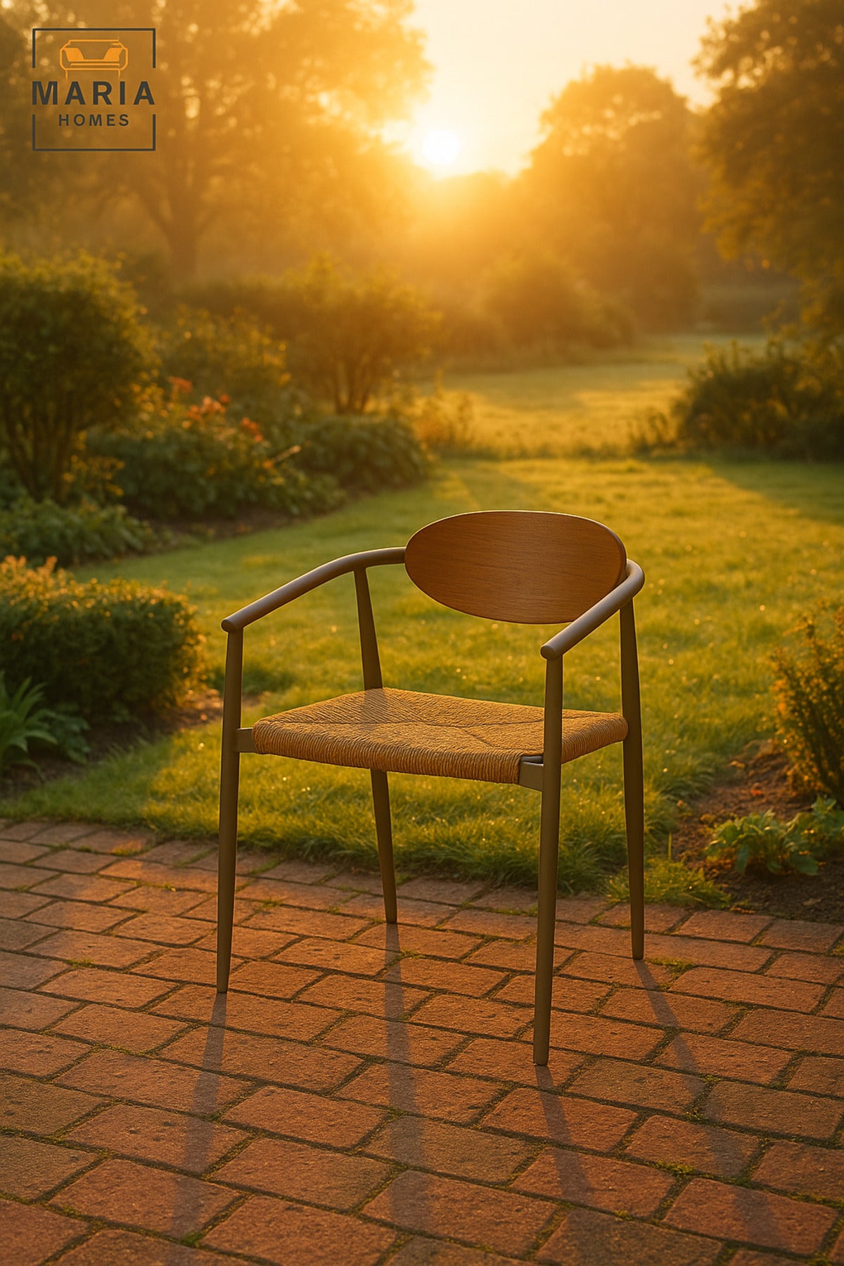 Modern Champagne Garden Chair Ð Wooden Backrest & Woven Seat for Outdoor Dining