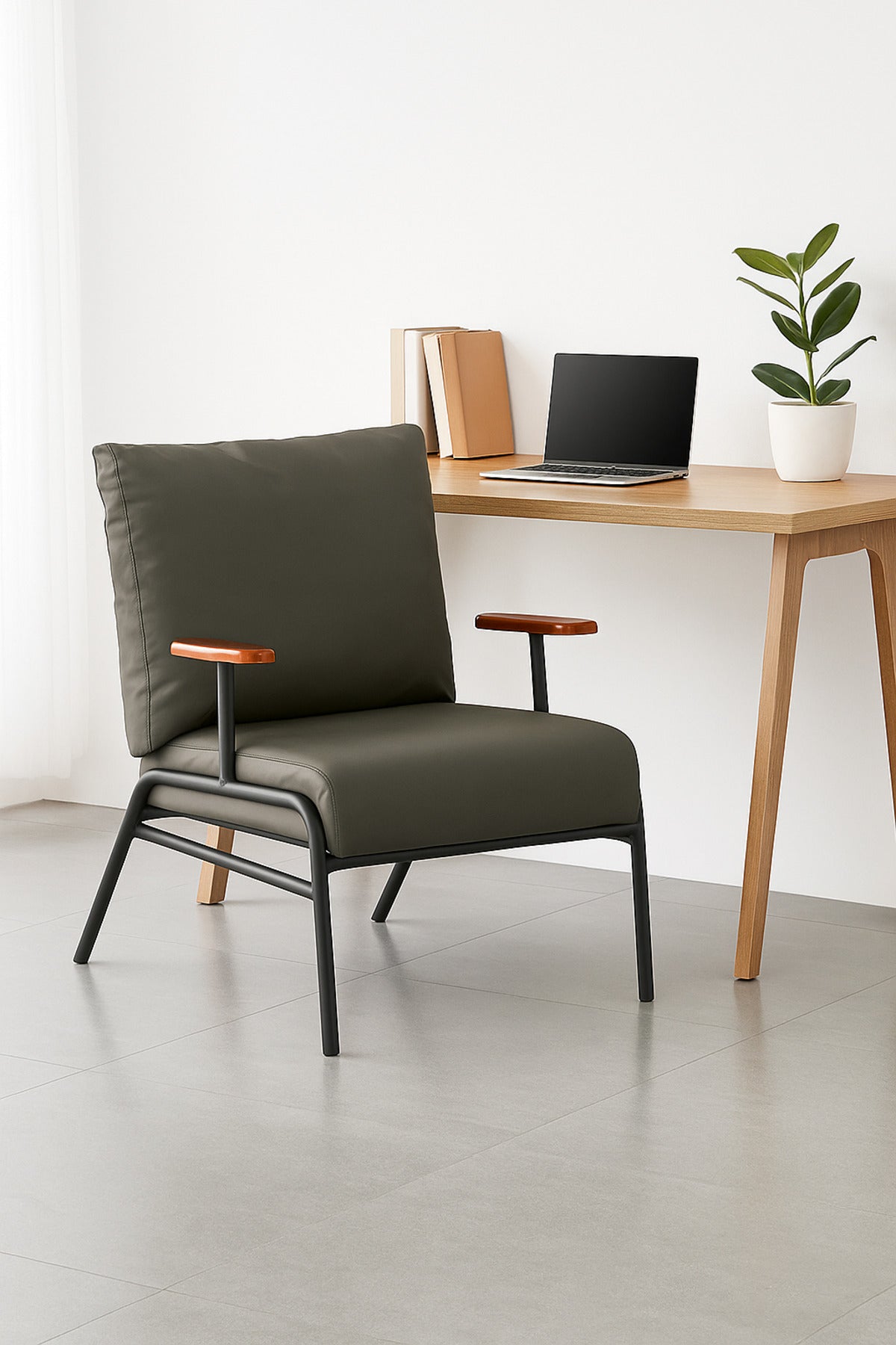 Modern Gray Lounge Chair Ð Metal Frame Accent Chair with Wooden Armrests and Cushioned Seat