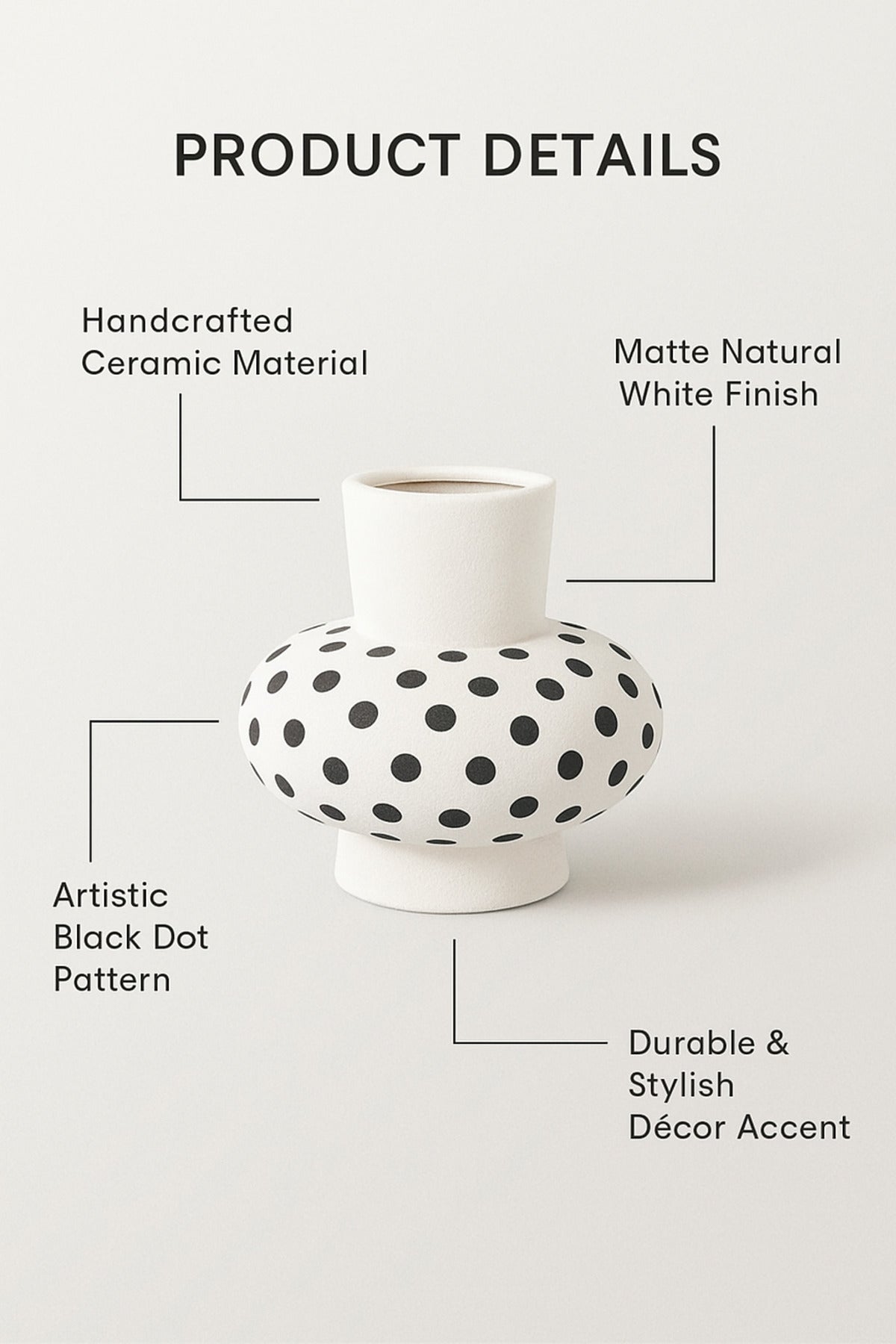 Natural White Ceramic Vase with Black Dots Ð Round Flat Decorative Vase