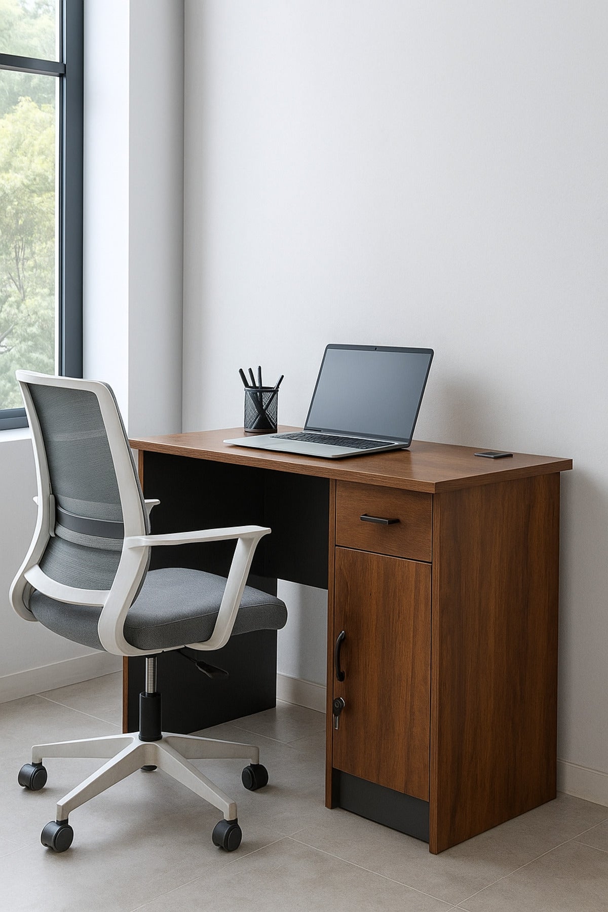 Dark Wood Office Desk 120_60_75 cm Ð Compact Work Table with Storage Cabinet and Lockable Drawer