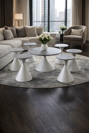 Modern 7-Piece Center Table Set Round Grey Top White Cone Base 1 Large 6 Small for Living Room