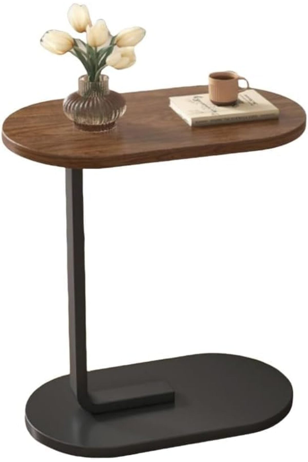 C-Shaped Side Table with Brown Wood Top and Black Metal Frame 4 pcs set