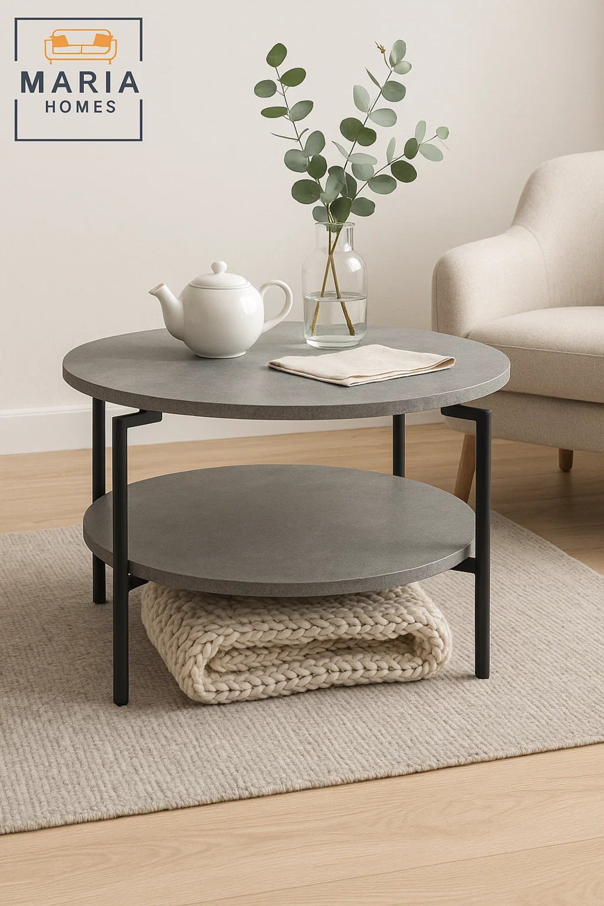 Dual-layer round coffee table in grey concrete finish