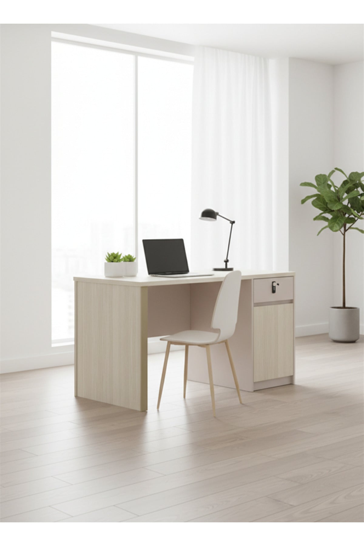 Modern Light Wood Office Desk with Storage Cabinet