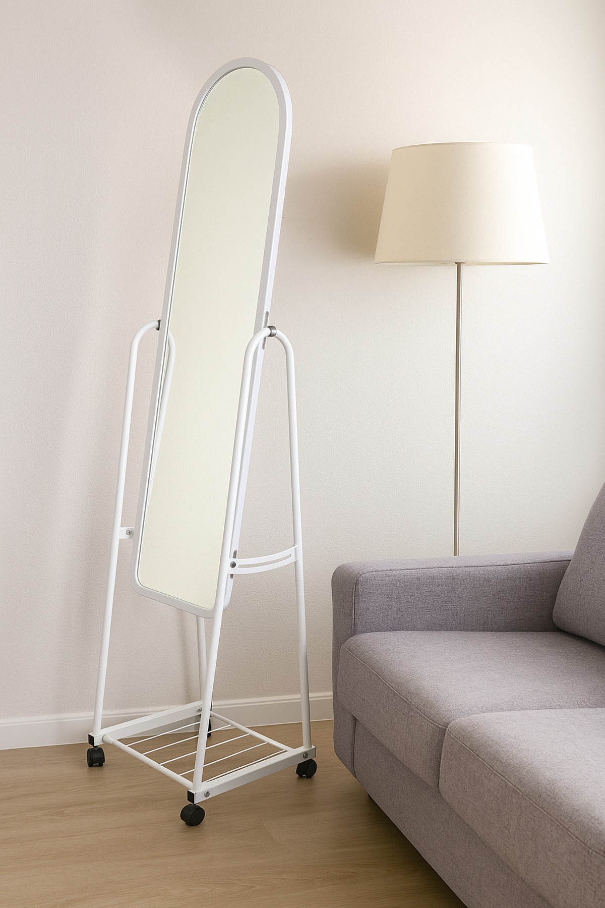 Full-Length Standing Mirror with Wheels Ð White Metal Frame Dressing Mirror with Bottom Shelf