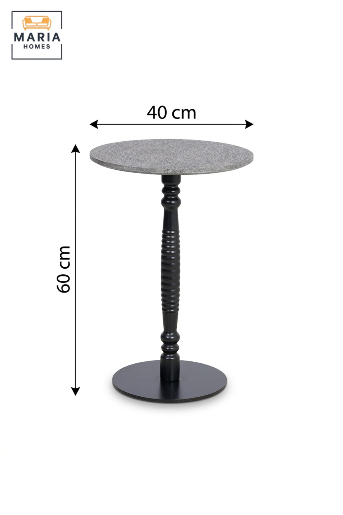 Modern Round Side Table with Grey Top, Decorative Black Pedestal Base, Compact Accent Table for Living Room, Bedroom, Sofa Side & Lounge – 40 × 60 cm