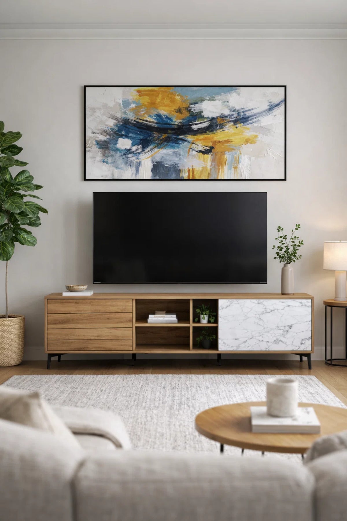 Premium 180cm Wooden TV Unit with Marble Effect Door and Storage Drawers for Stylish Living Rooms