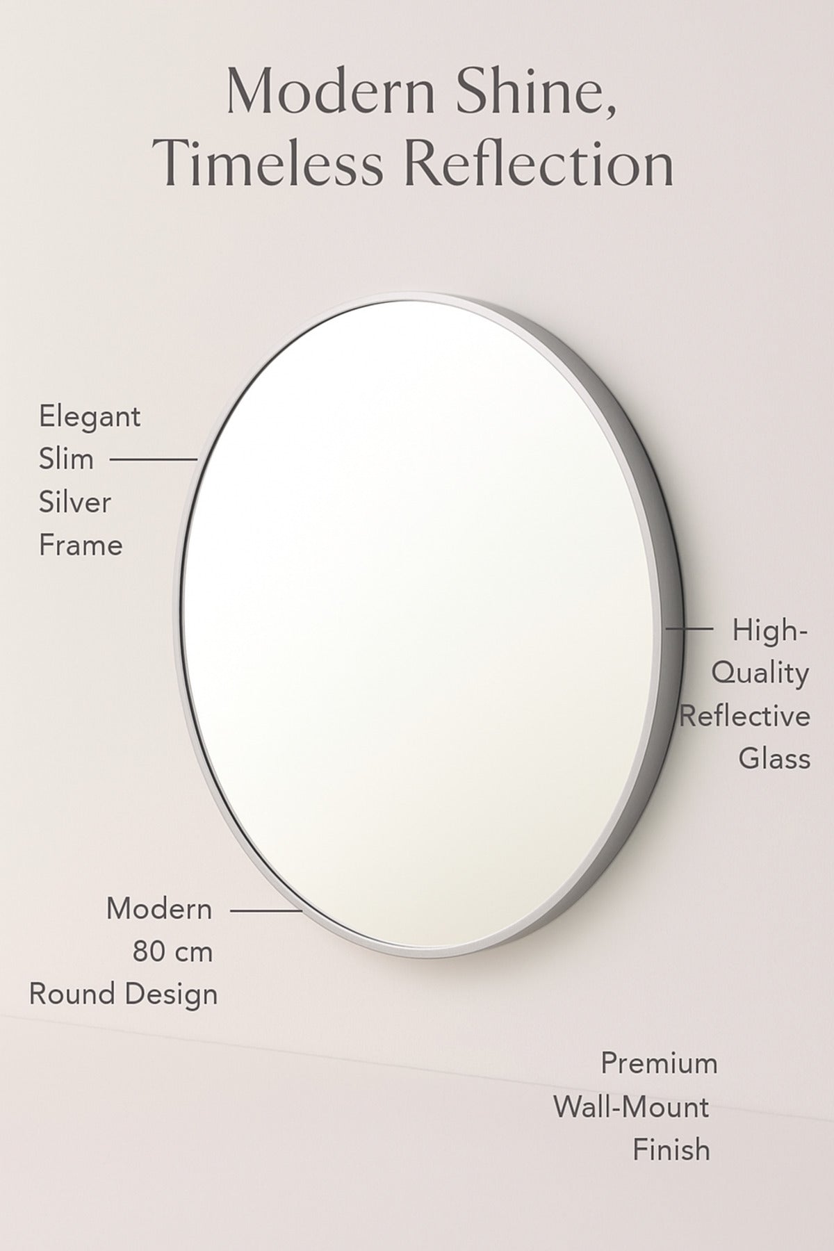 Round Wall Mirror with Silver Frame Ð 80 cm Modern Decorative Mirror for Living Room & Bedroom