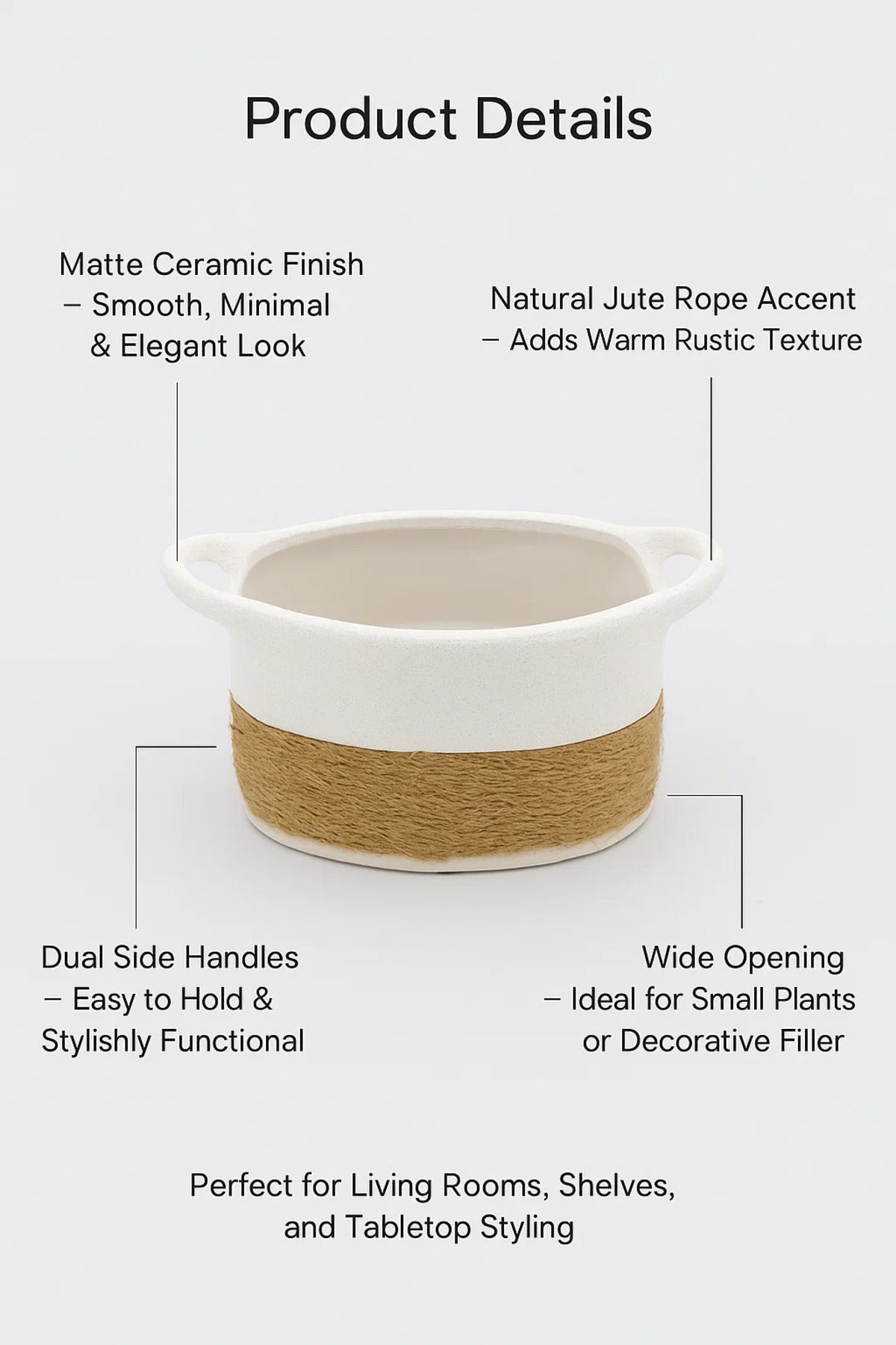White Ceramic Rope Design Basket Planter Ð Modern Decorative Pot for Home and Office DŽcor