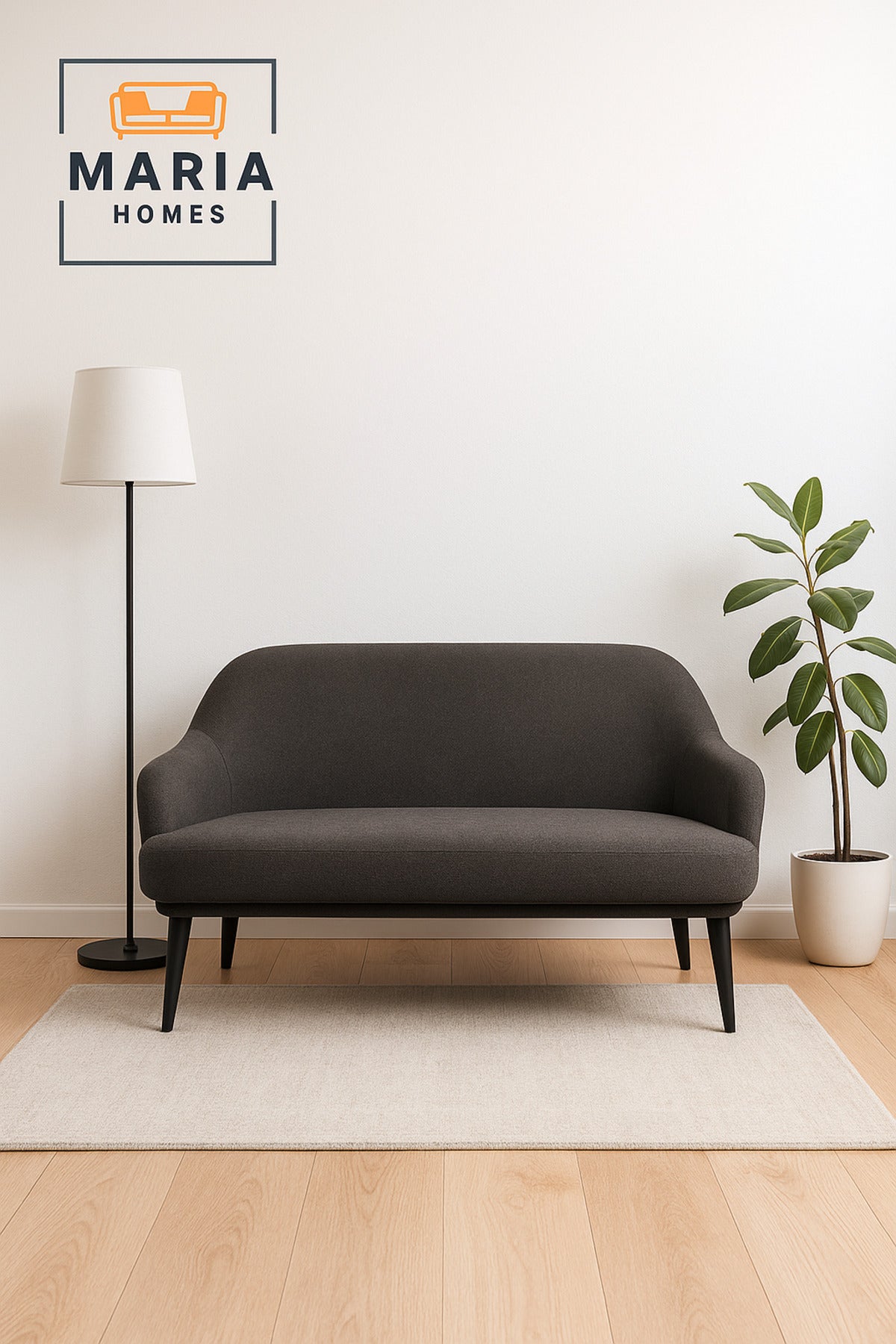 Dark Gray Two-Seater Sofa Ð Modern Fabric Couch with Black Legs for Living Room