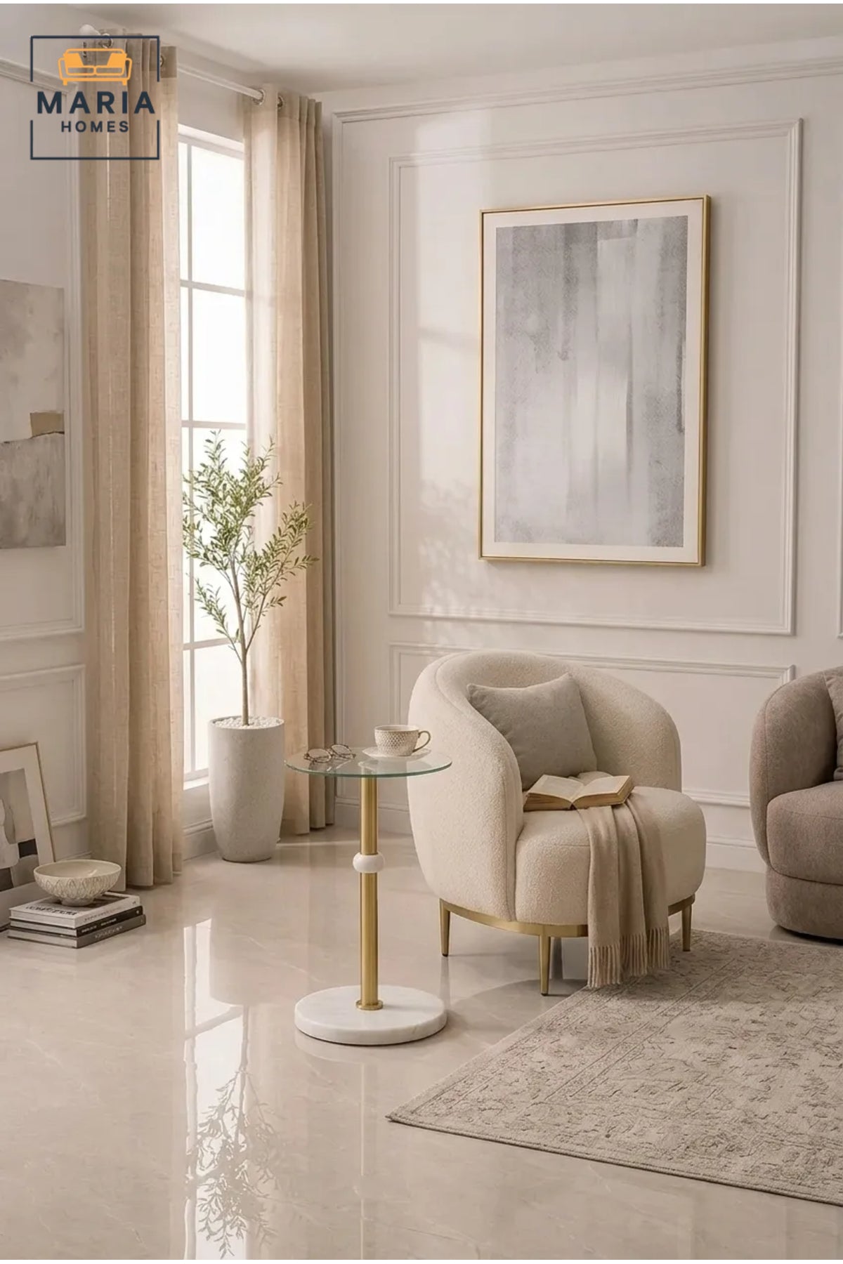 Luxury Glass Side Table with White Marble Base and Gold Metal Accent
