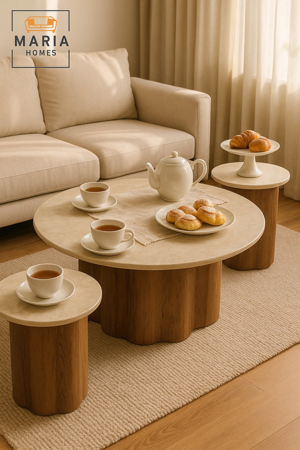 Modern 3-Piece Beige Marble Coffee Table Set with Brown Wooden Base for Living Room