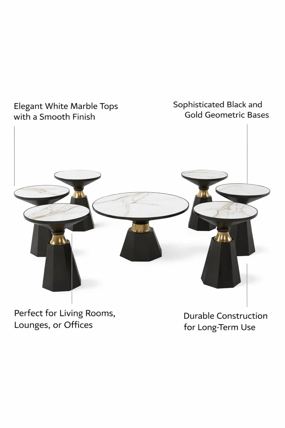 Modern 7-Piece Coffee Table Set Ceramic Top Black Base Gold Detail Center Table Living Room Kit