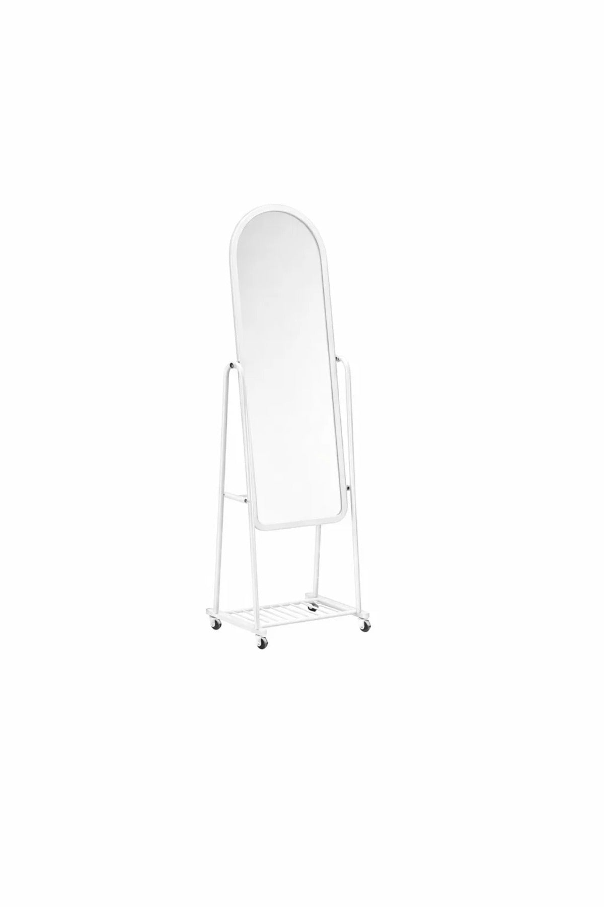 White Full Length Standing Mirror with Wheels and Shelf Adjustable Angle Arched Metal Frame Decor