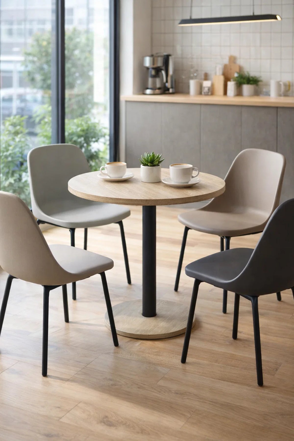 Modern Beige Coffee Table with Black Pedestal Base √ê Stylish and Minimalistic Design