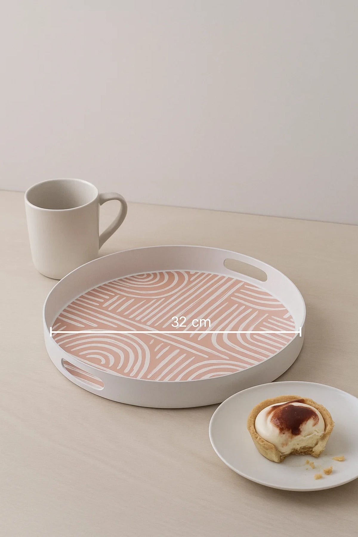 Round Plastic Serving Tray with Pink Abstract Line Pattern and Cutout Handles