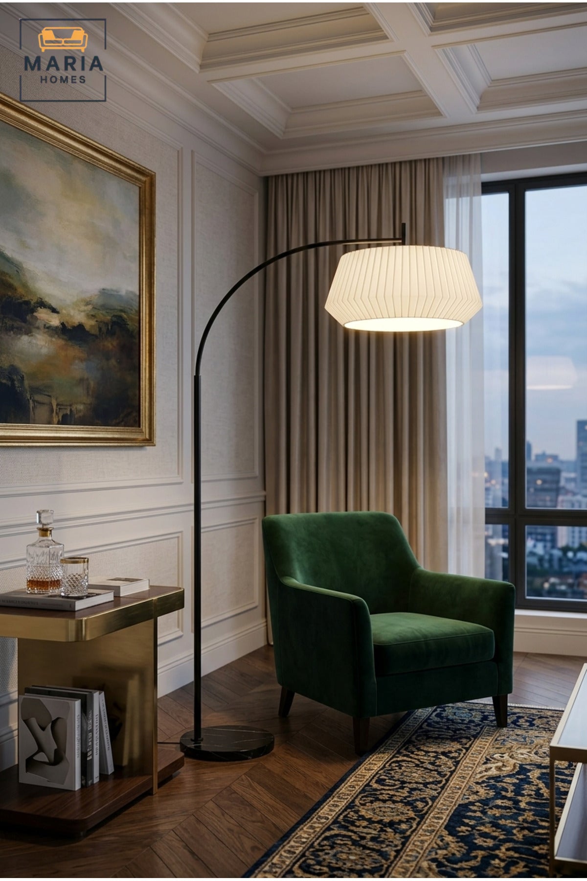Modern Arc Floor Lamp with Curved Overhanging Arm, Pleated Fabric Shade and Round Base Standing Light for Living Room Bedroom Office and Reading Corner