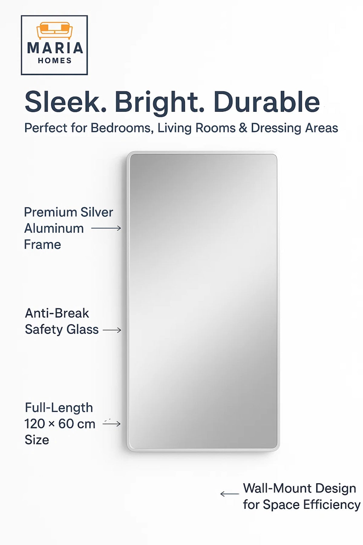 Silver Wall Mirror 120x60 cm for Bedroom, Bathroom, Living Room, Dressing & Home D≈Ωcor
