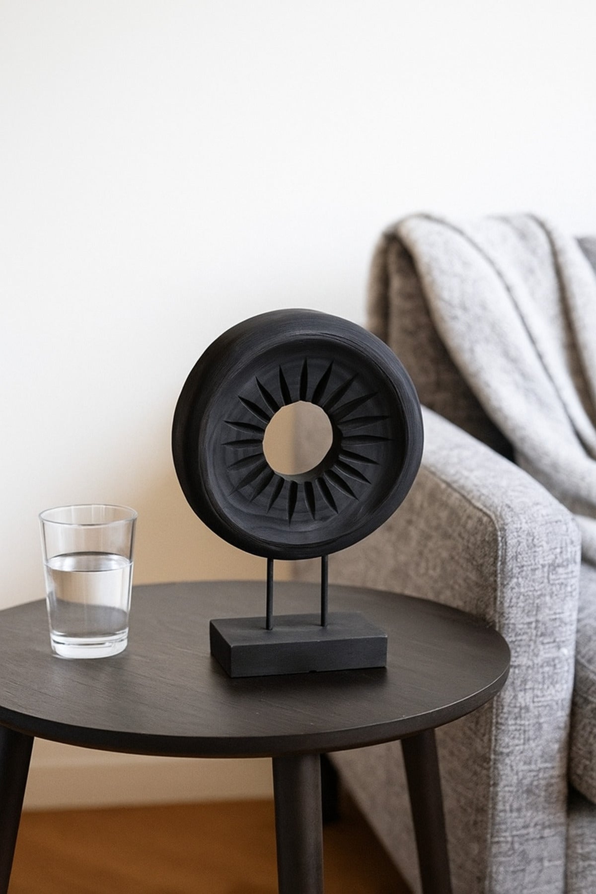 Black Wooden Round Decorative Sculpture on Stand Ð Modern Home Accent