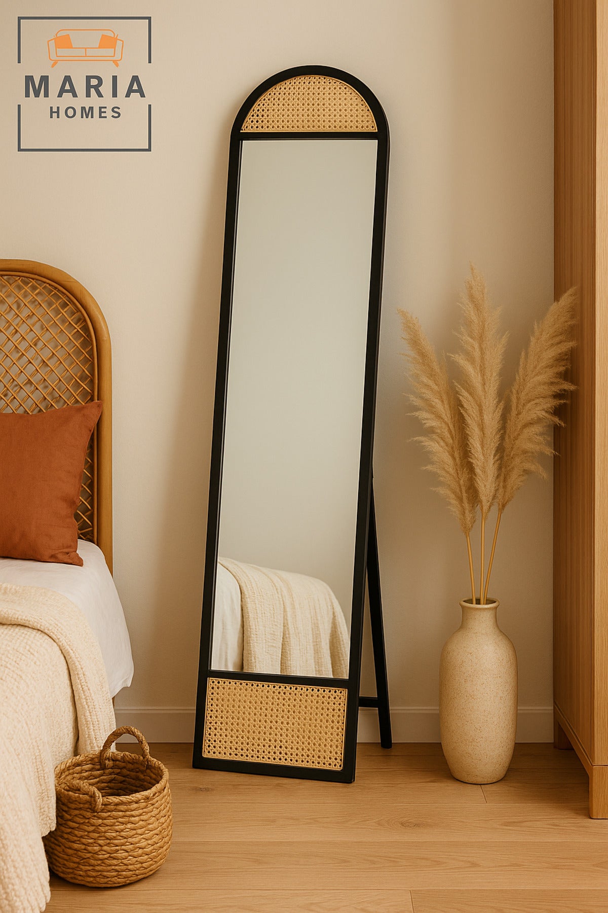 Arched Full-Length Black Wood Mirror Ð 170x40 cm with Rattan Accents