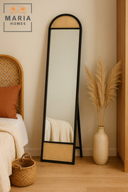 Arched Full-Length Black Wood Mirror Ð 170x40 cm with Rattan Accents