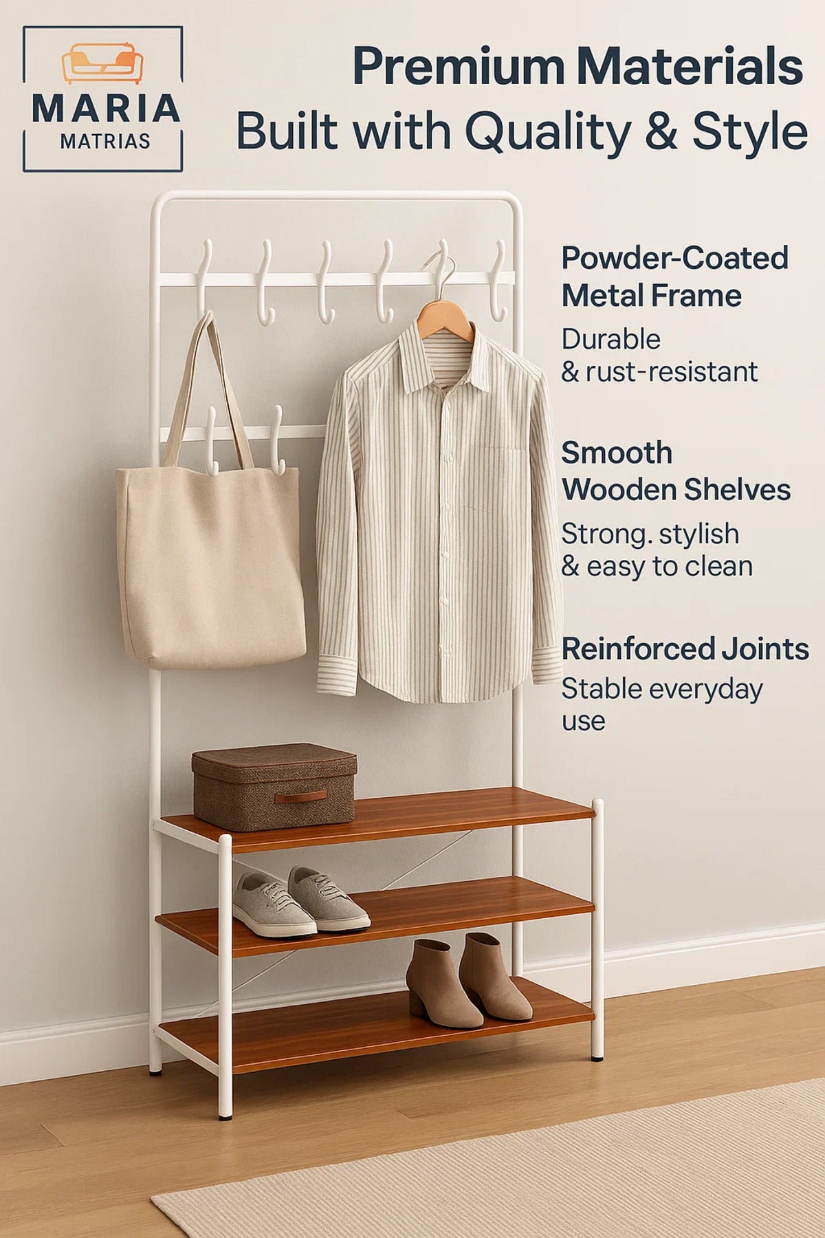White Coat Rack with 12 Hooks & 3-Tier Shoe Shelf √ê 190x79x30 cm