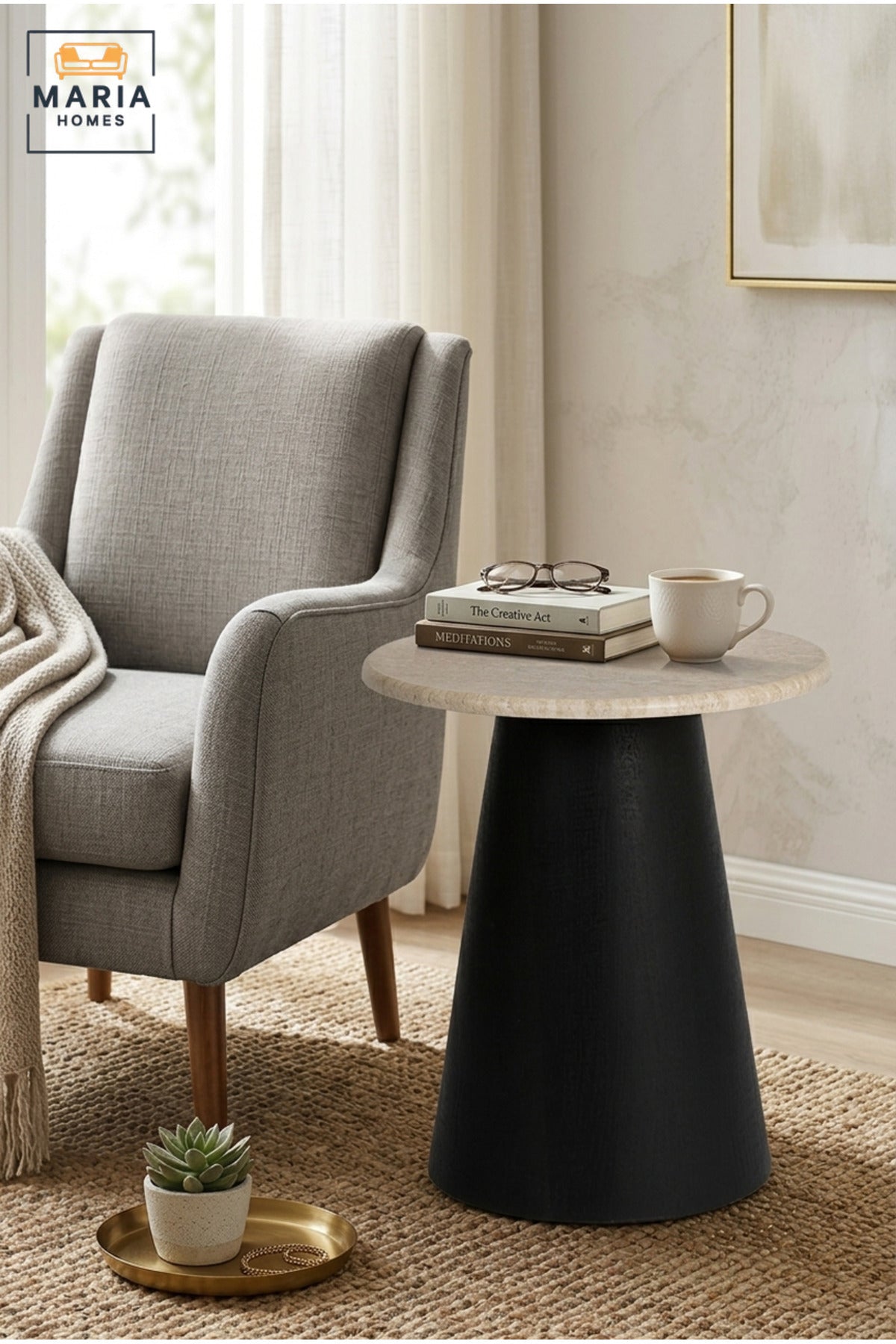 Modern Round Side Table with Marble-Effect Top & Cone Pedestal Base, Contemporary End Table for Living Room, Bedroom & Lounge