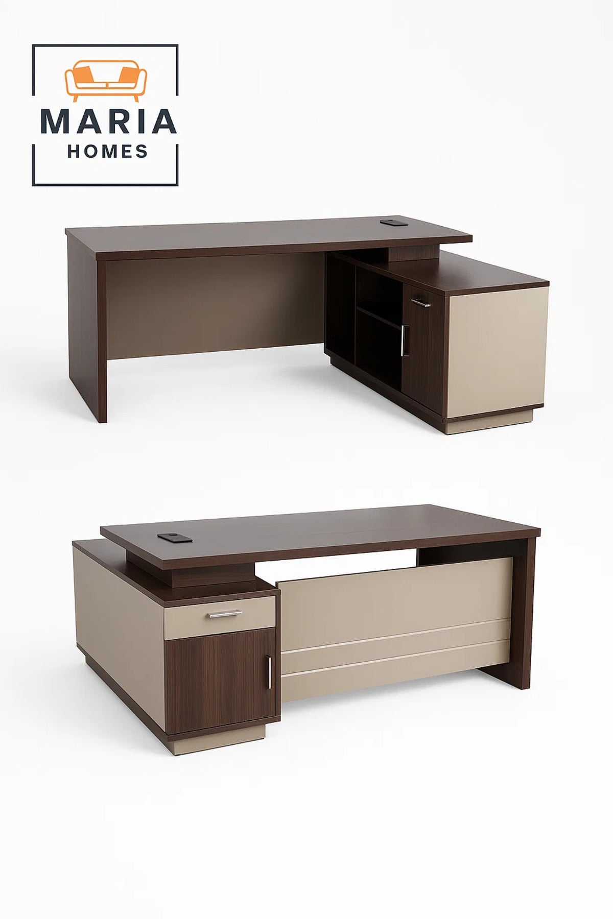 Modern Executive L-Shaped Desk with Storage Cabinet in Two-Tone Finish