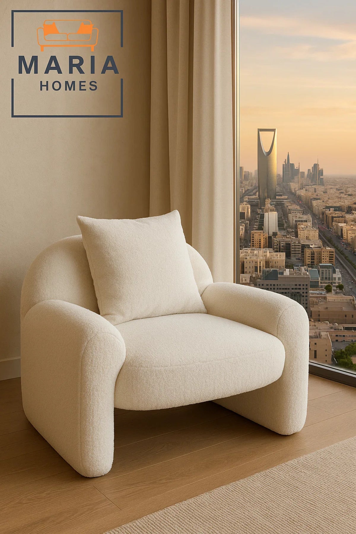 White BouclŽ Accent Chair with Pillow Ð Modern Curved Armrest Lounge Seating