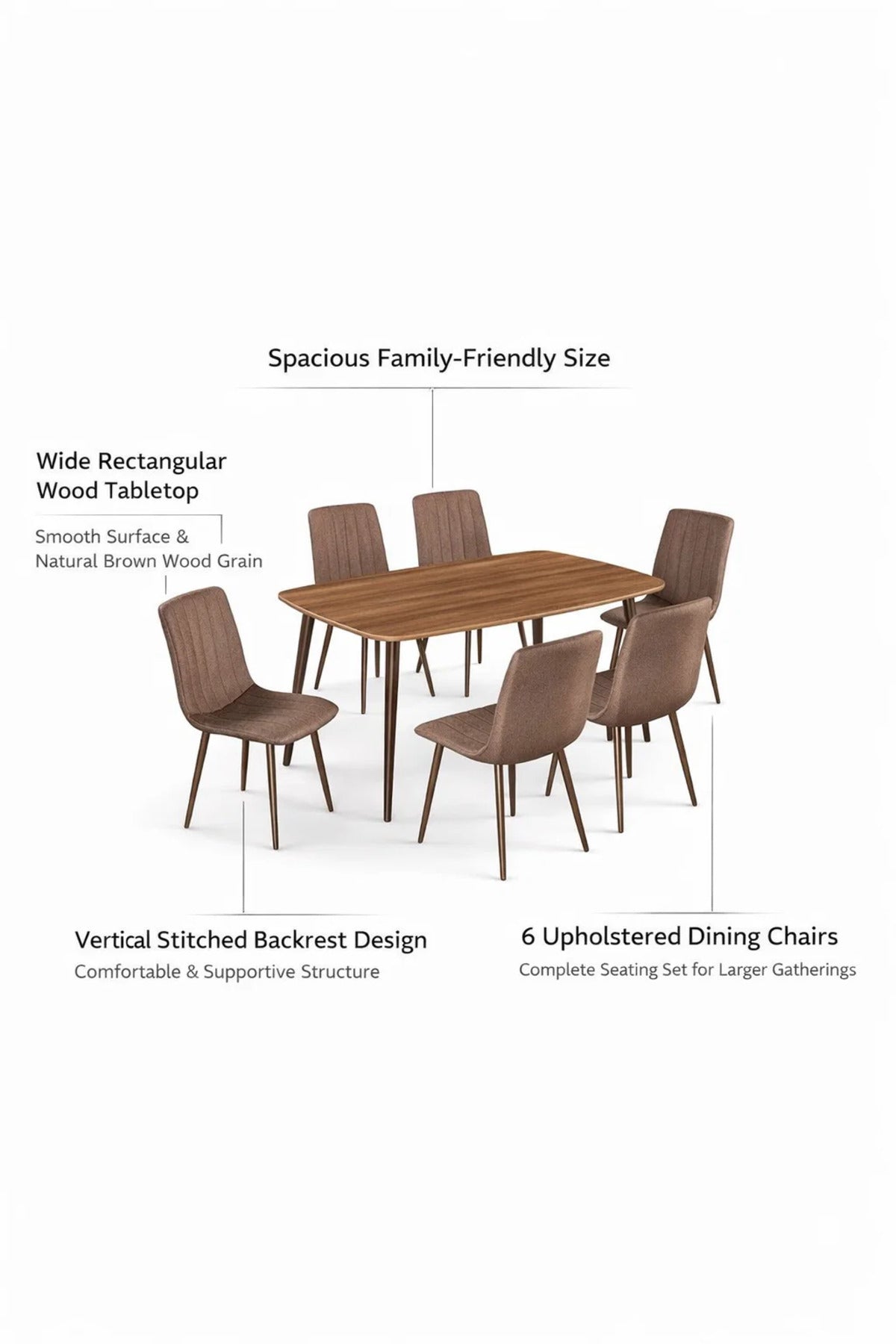 Stylish 6-Person Dining Set with Rectangular Wood Table and Brown Fabric Chairs for Modern Living