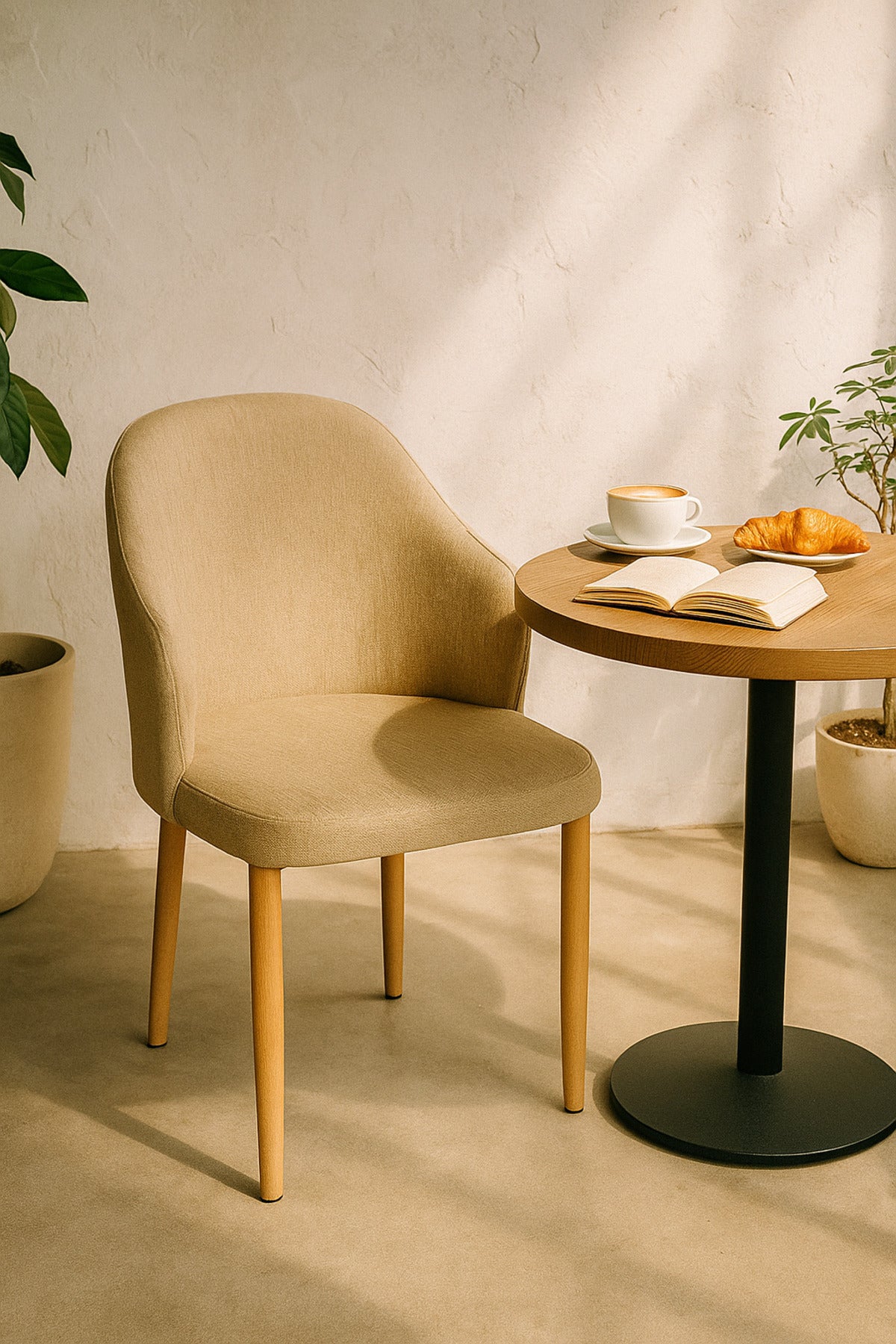 Beige Fabric Dining Chair Ð Modern Curved Back Upholstered Chair with Wooden Legs for Dining Room
