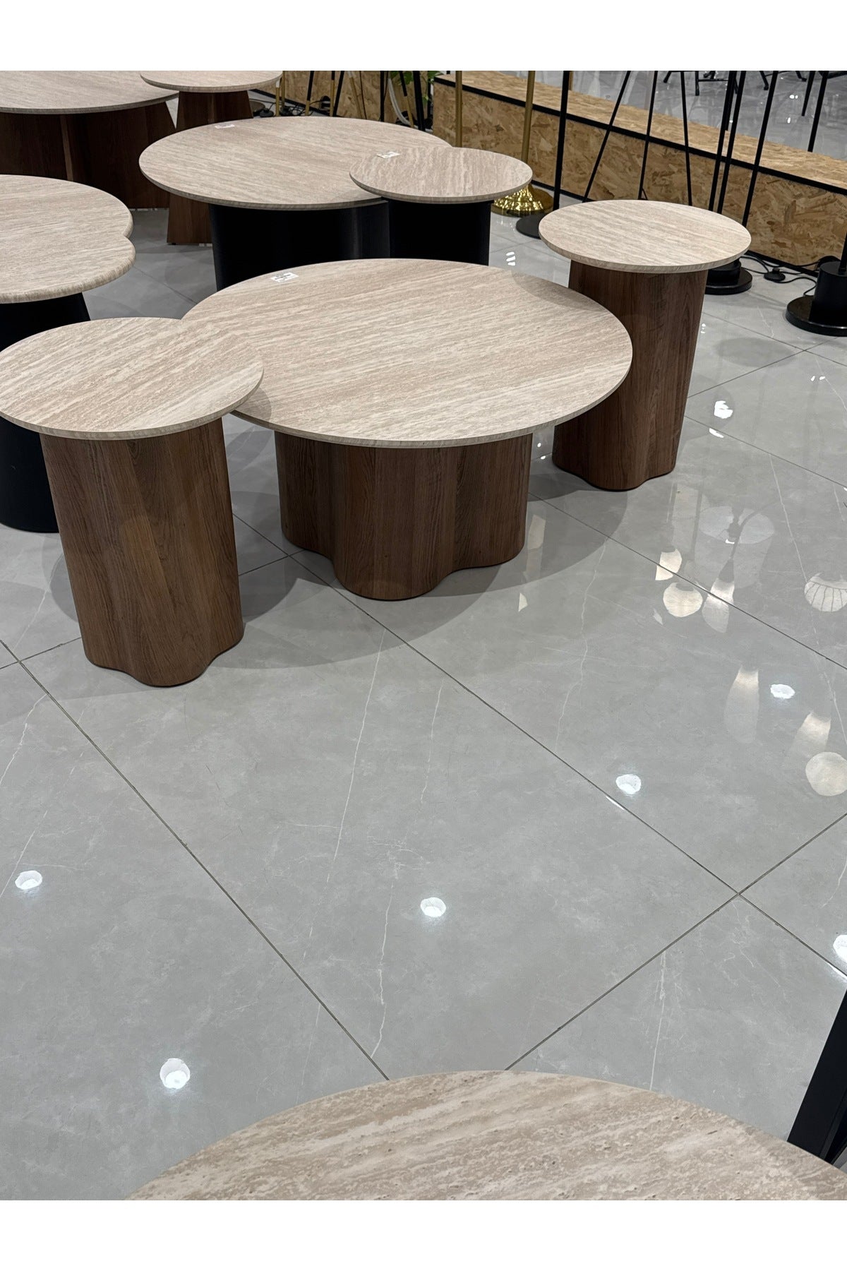 Modern 3-Piece Beige Marble Coffee Table Set with Brown Wooden Base for Living Room