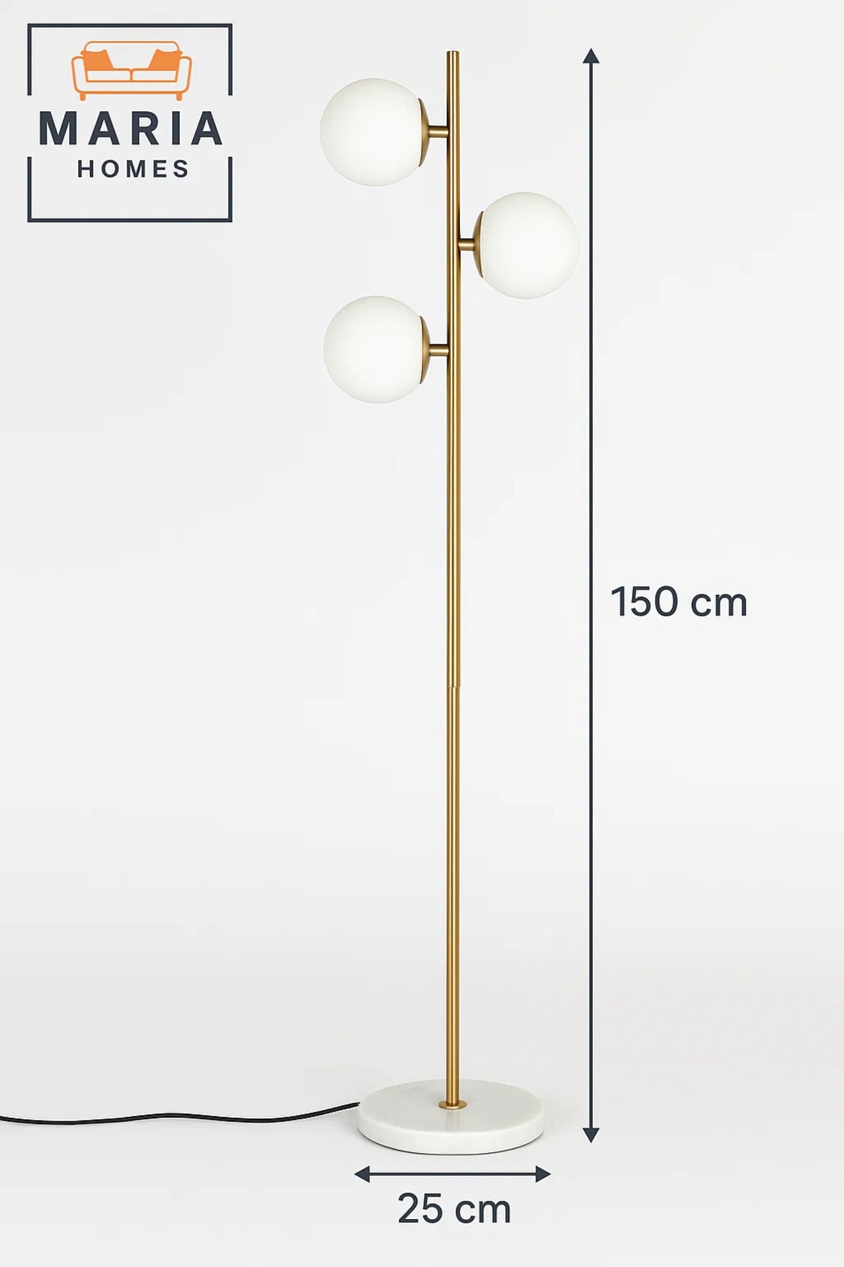 Gold Floor Lamp with Three Globe Lights and Marble Base