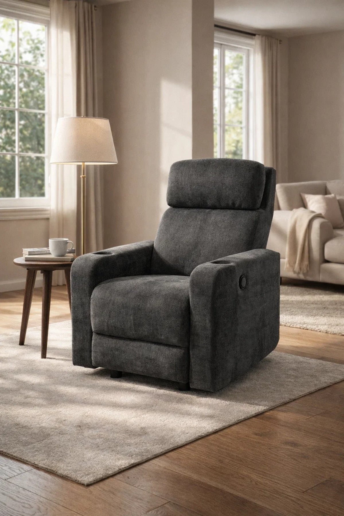 Premium Dark Grey Fabric Recliner Armchair with Cup Holders for Modern Living Room Comfort Style